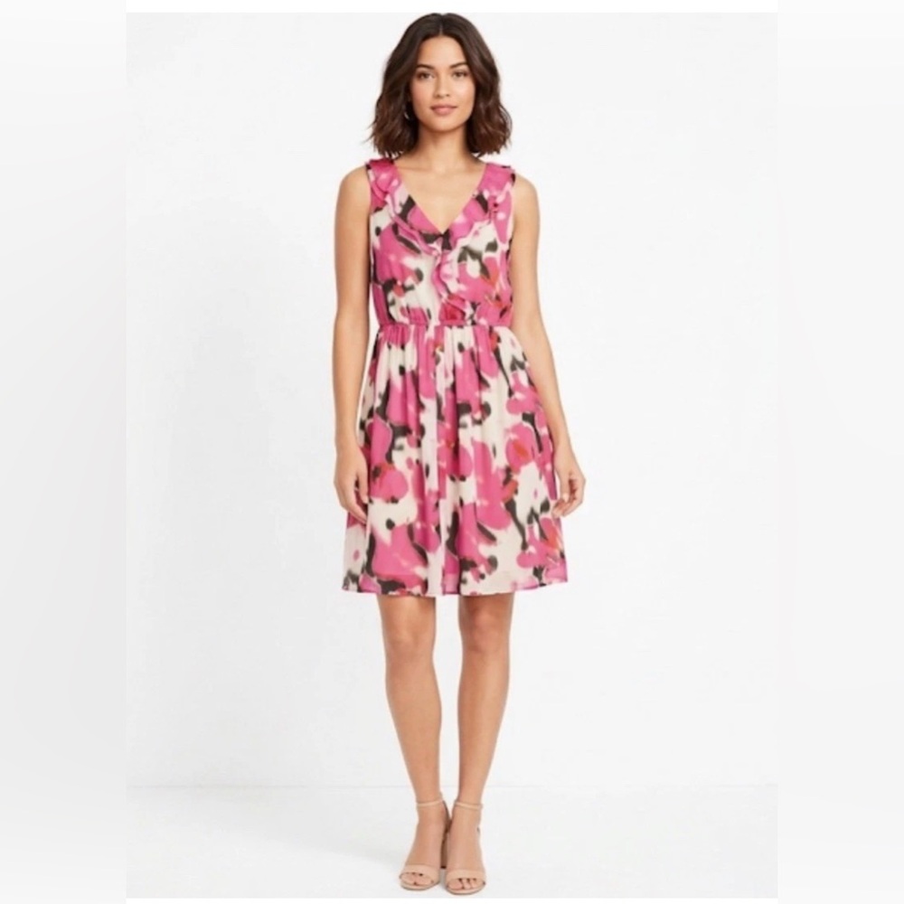 NWT Ann Taylor LOFT Ruffle V-Neck Fit Flare Mini Dress Brunch Floral Pink-10